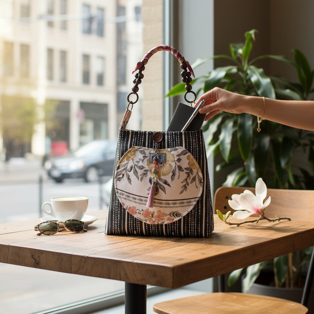Handbag with floral design on a table in a cafe setting