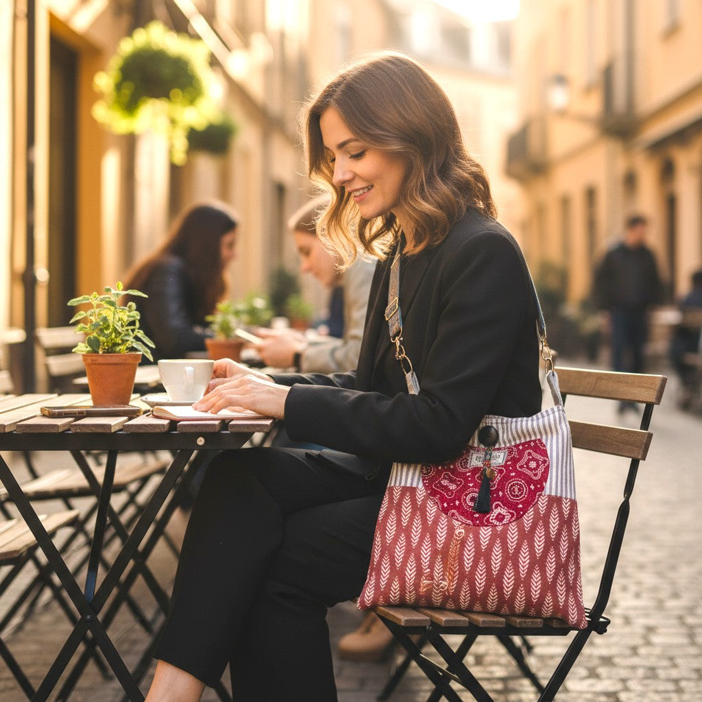 Woman sitting at an outdoor cafe table with a patterned bag, smiling.
