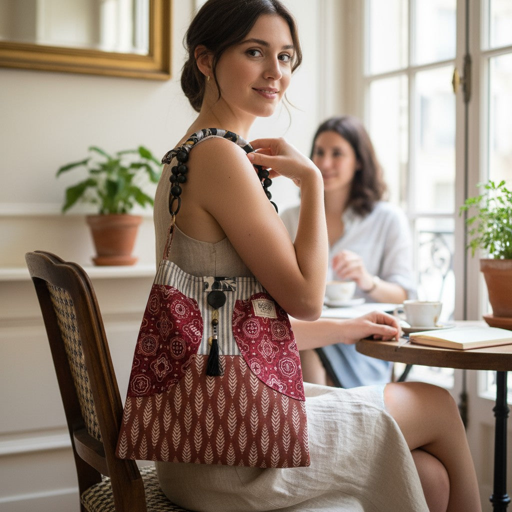 Woman sitting at a table with a patterned bag, smiling indoors.