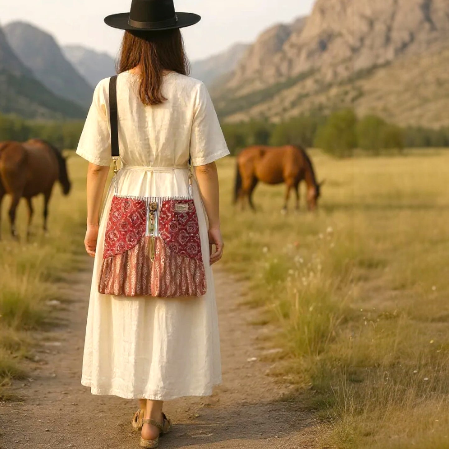Woman with a patterned bag walking on a dirt path with horses in a field.
