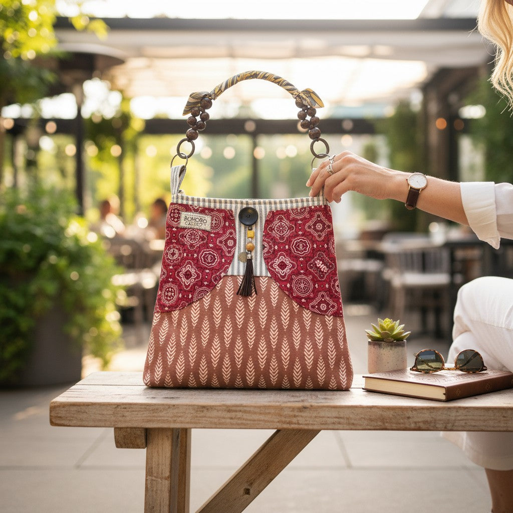 Person holding a patterned handbag on a wooden table outdoors