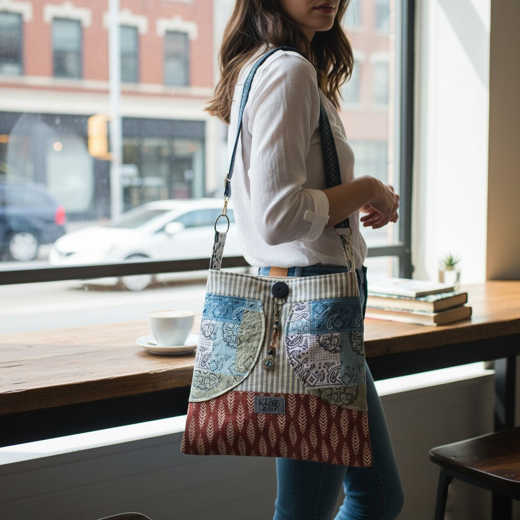 Woman holding a patchwork handbag in a cafe setting