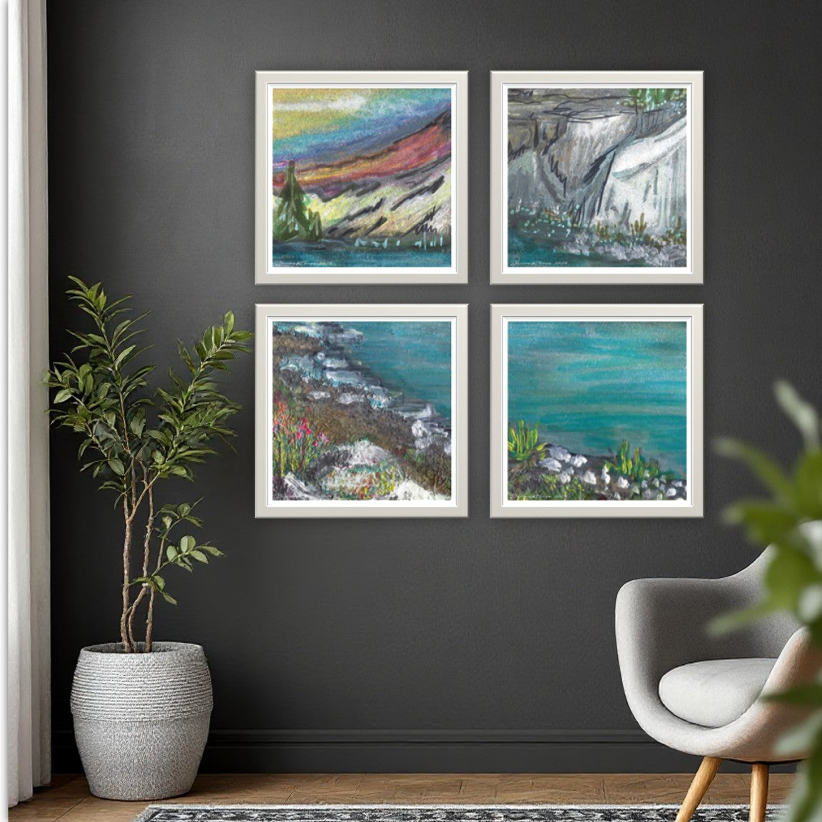 Mammoth Lakes Gallery Wall Art I Mountain, Lake, Flower & Rock Cliff Illustration 16" x 16"