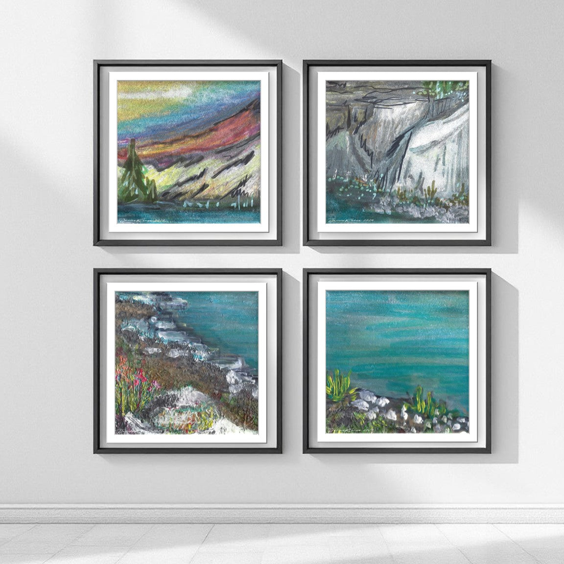 Mammoth Lakes Gallery Wall Art I Mountain, Lake, Flower & Rock Cliff Illustration 16" x 16"